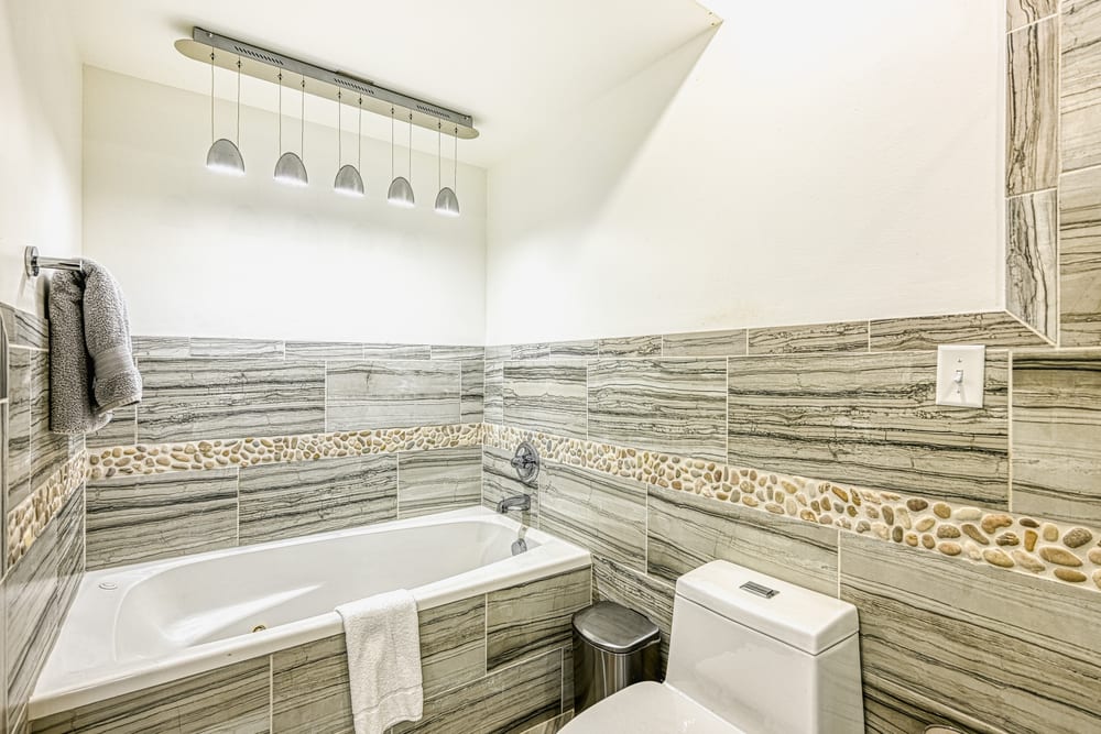 Spa-style bathroom with a soaking tub